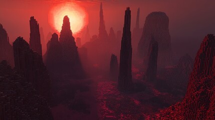 Fototapeta premium A voxel landscape shows jagged formations under a red sun