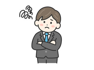 困って首を傾げる、スーツを着た男性（線画カラー）のイラスト