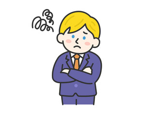 困って首を傾げる、スーツを着た白人男性（線画カラー）のイラスト
