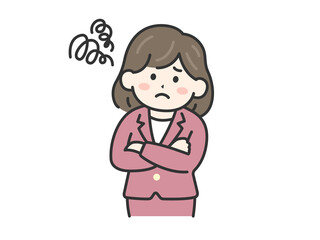 困って首を傾げる、スーツを着た女性（線画カラー）のイラスト