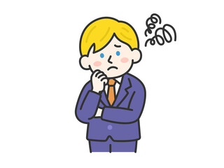 頬に手をあて、首を傾げる、スーツを着た白人男性（線画カラー）のイラスト