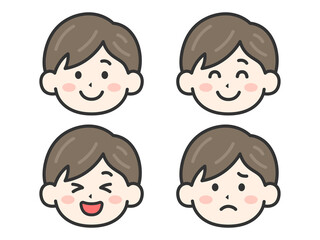 いろいろな表情をした、男性の顔（線画カラー）のイラストセット