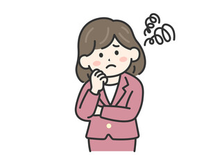 頬に手をあて、首を傾げる、スーツを着た女性（線画カラー）のイラスト