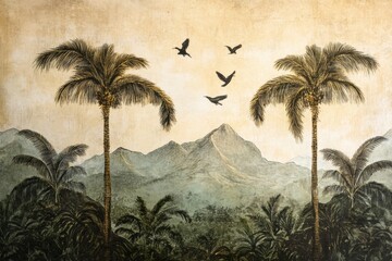 Wallpaper serene tropical landscape painting in pastel tones