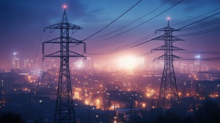 Power Lines and Towers at Sunset with a Glowing Sky