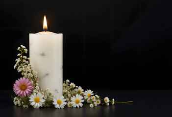 A white candle and flowers isolated on a black background