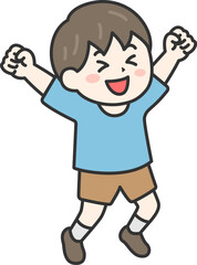 喜んで飛び跳ねる、男の子（線画カラー）のイラスト