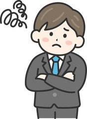 困って首を傾げる、スーツを着た男性（線画カラー）のイラスト