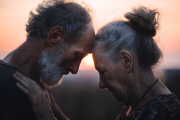 Senior couple, care and forehead touch for love, strong connection and healthy relationship. Romance, happy man and woman outdoor for bonding together, loyalty or commitment to marriage in retirement 