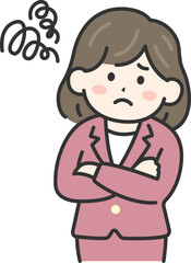 困って首を傾げる、スーツを着た女性（線画カラー）のイラスト