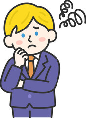 頬に手をあて、首を傾げる、スーツを着た白人男性（線画カラー）のイラスト