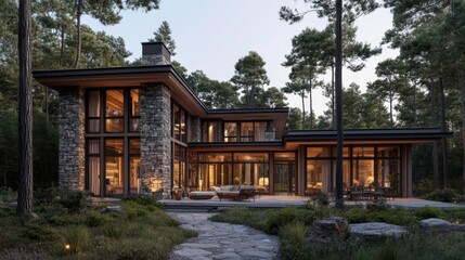 Naklejka premium Modern Stone and Wood House in a Forest at Dusk