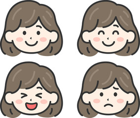 いろいろな表情をした、女性の顔（線画カラー）のイラストセット