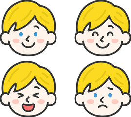 いろいろな表情をした、白人男性の顔（線画カラー）のイラストセット