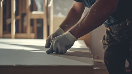 Construction worker installing drywall in a new building. Featuring interior construction and wall installation