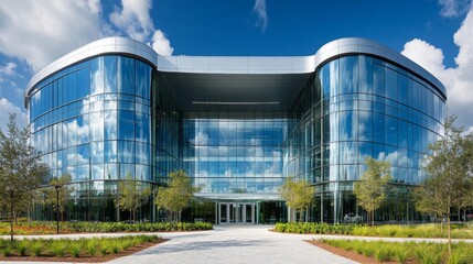 Fototapeta premium Modern Glass Office Building Exterior with Blue Sky