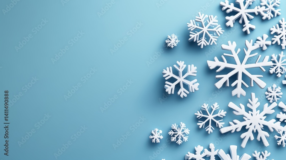 Poster a collection of white three-dimensional snowflakes artfully arranged in varying sizes against a ligh