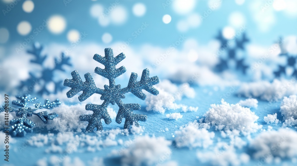 Poster a glitte blue snowflake surrounded by smaller snowflakes and artificial snow on a soft blue backdrop