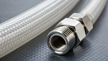 Close Up of White Hose with Metal Nut Tip on Neutral Studio Background