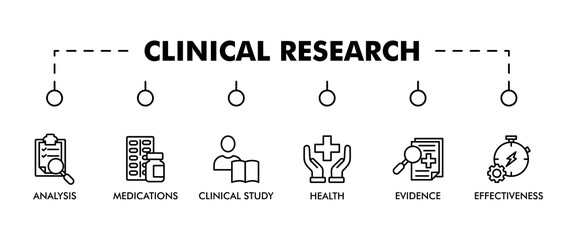 CLINICAL RESEARCH banner web icon vector illustration concept with icon of analysis, evidence, clinical study, effectiveness, medications and health