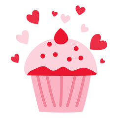 Cute cupcake topped with pink frosting, red hearts, and sprinkles. Perfect for Valentine’s Day, romantic celebrations, greeting cards, dessert icons, or festive holiday designs.