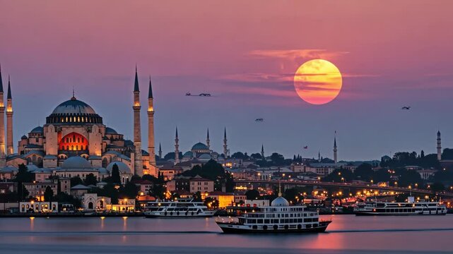 A scenic view of hagia sophia and istanbul cityscape at sunset with boats on the water and birds flying
