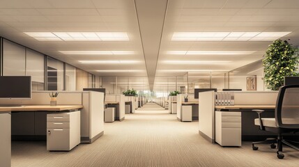 Modern Beige Office Interior with Rows of Cubicles