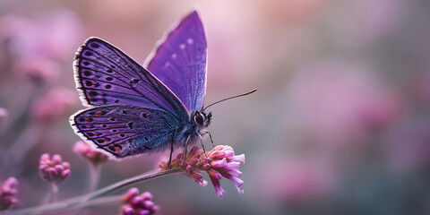 A Close-Up of a Purple Butterfly Resting on a Flower Wallpaper Background for Botanical Projects, Wellness Ads, or Floral Design Branding