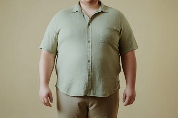 A plus size man wearing an olive green short sleeve button up shirt and beige trousers standing against a soft neutral background