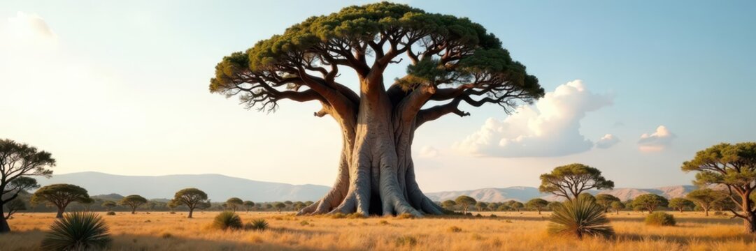 Giant baobab stands tall, smaller shrubs at its base , branch, xerophyte