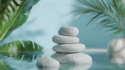 A serene arrangement of stacked stones on water, surrounded by lush green leaves.