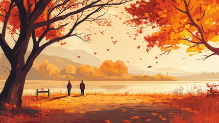A serene autumn landscape with two figures walking by a lake surrounded by colorful trees.