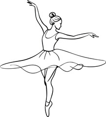Graceful ballerina with bun in classic ballet stance, continuous line drawing vector for digital downloads, t-shirt printing, Cricut crafts, home décor and dance-themed projects