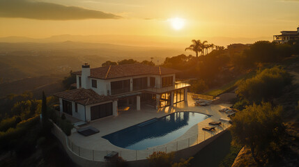 Fototapeta premium Luxurious hilltop rental with panoramic view at sunset
