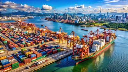 Obraz premium Vibrant Aerial View of Industrial Port with Cargo Ships and Cityscape