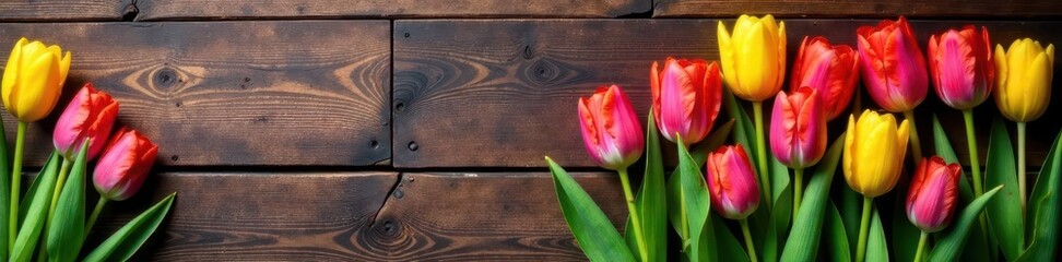 Naklejka premium Colorful tulip arrangement, rustic wooden surface , spring, design, art