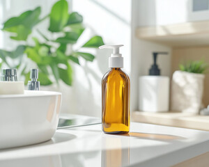 Refreshing skincare products on bathroom countertop with light mist bottle, fresh clean vibe, minimalistic background
