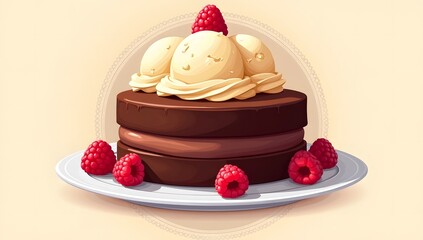 illustration of Chocolate cake with ice cream and raspberries around it