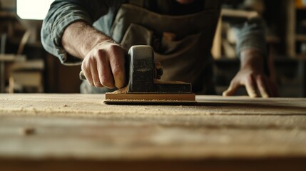 Carpenter sanding wooden surface. Indoor workshop