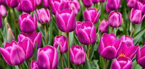 Obraz premium Vibrant purple tulips in full bloom, close-up view, spring flowers, celebration, color