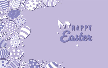 Happy Easter Vector Creative Greeting Card or Banner Design. Decorated Easter Eggs, Bunny Ears, Spring Flowers and Plants decorations. Painted and Ornamental Eggs. Creative Easter and Spring Frame. 