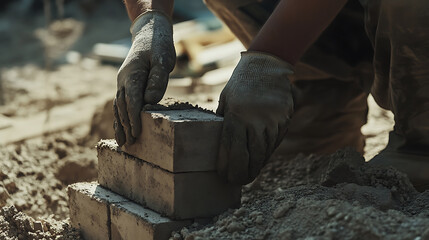 Construction worker laying concrete blocks for a foundation. Featuring masonry and structural integrity