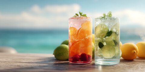 Fototapeta premium Icy Summer Drinks on a Table with Ocean Background Wallpaper for Refreshing Beverage Promotions, Summer Party Branding, or Coastal Designs