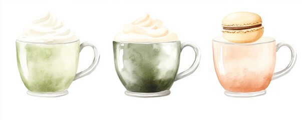 Matcha drinks and macaron desserts are showcased in a watercolor illustration