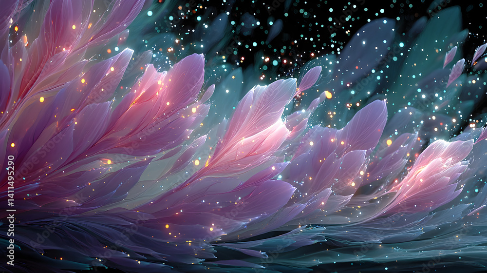 Poster ethereal abstract design featuring colorful petals with sparkling details in a dreamy atmosphere ide