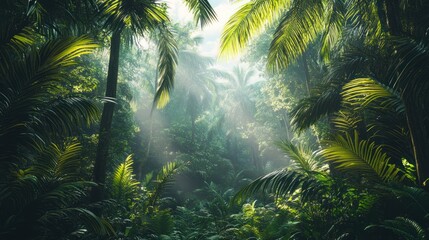 Naklejka premium Lush Tropical Rainforest: Sunbeams Piercing Through Emerald Canopy