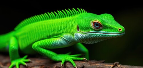 Fototapeta premium Emerald green lizard, long tail, sharp scales, vibrant, reptile, close-up, tropical, herpetology, emerald