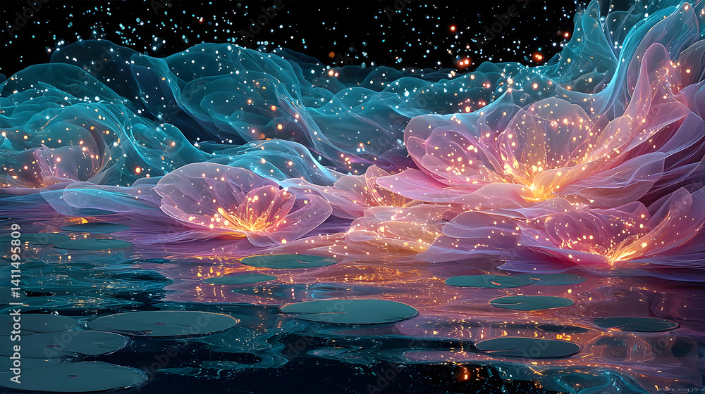 Poster ethereal water lily scene with soft luminescence and dreamy colors capturing serenity in a magical s