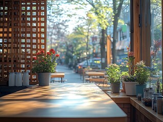 Fototapeta premium Sunny Cafe Window Plants Wooden Table City View