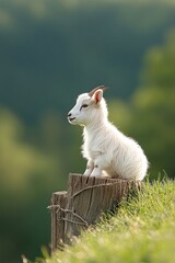 Obraz premium A playful young goat perches on a rustic wooden post, enjoying the warm sun in a peaceful green pasture surrounded by nature